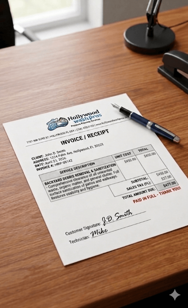 A professional service invoice from Hollywood Wash Pros for a backyard cleanup and sanitization package, totaling $477.00 for debris removal and surface cleaning in Hollywood, Florida.