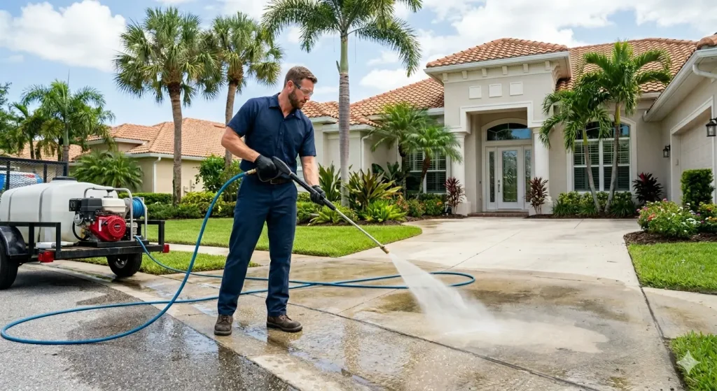 Professional soft wash cleaning for a luxury residential property in Hollywood, Florida, showing a pristine white exterior and clean roof.