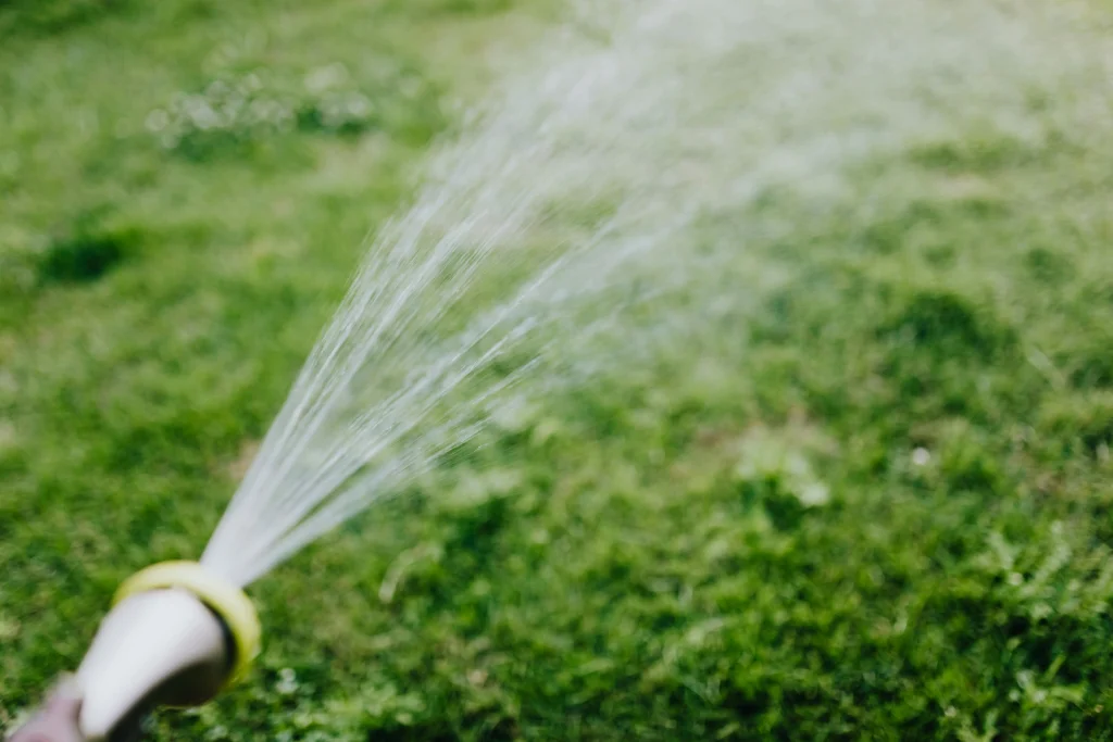 Water spraying over a lush green lawn, highlighting our commitment to environmentally conscious cleaning methods.