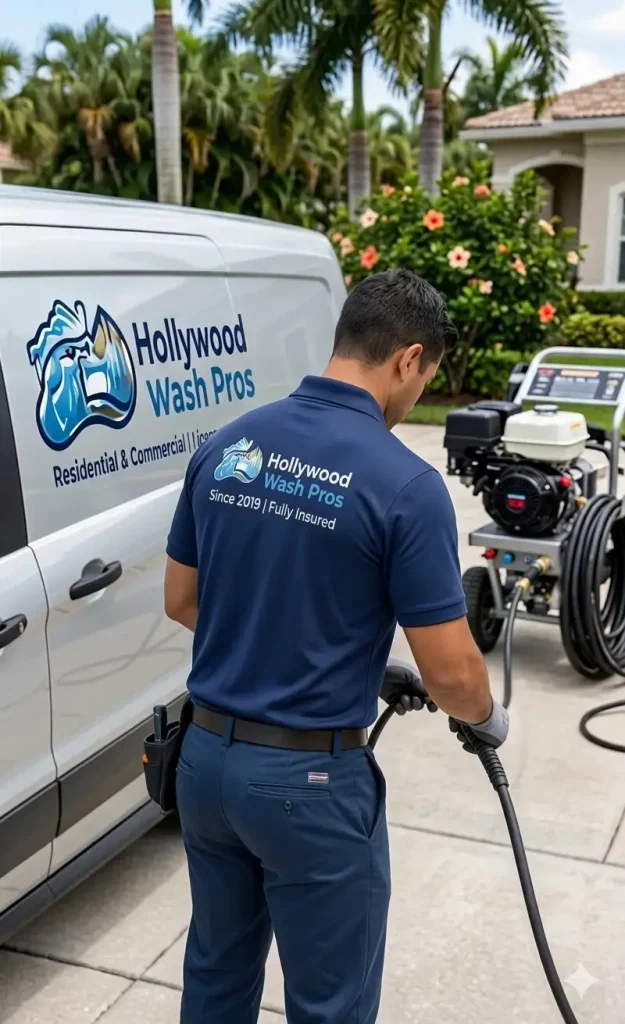 A professional pressure washing technician standing next to a branded Hollywood Wash Pros service van equipped with a commercial power washer.