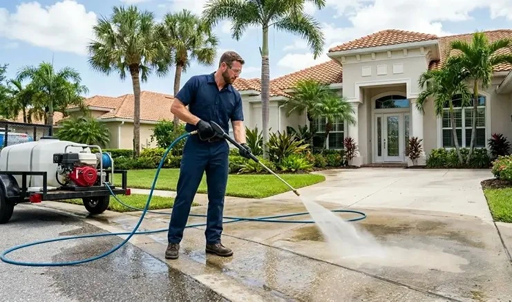 A uniform-clad professional pressure washing technician using a commercial surface wand to clean a dirty concrete driveway outside a luxury South Florida estate.