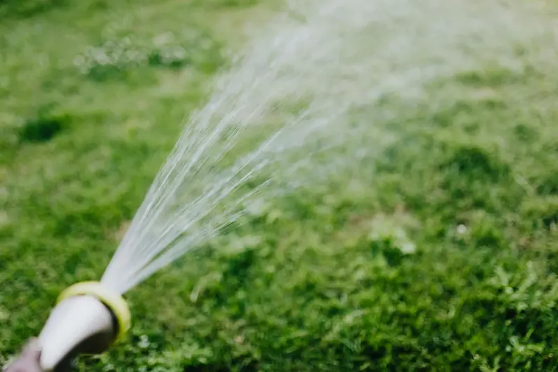 Close-up of a pressure washing wand spraying water over a lush green lawn surface.