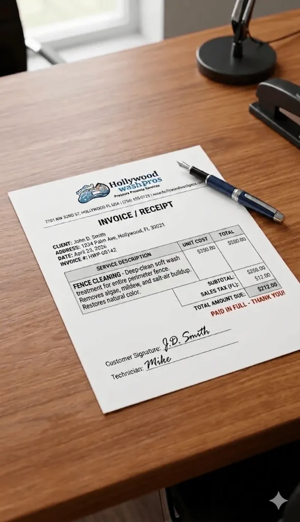 An official printed Hollywood Wash Pros billing receipt on a desk showing flat-rate pricing for a custom fence pressure wash and brightening treatment.