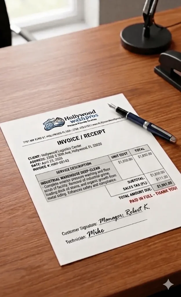 An official printed Hollywood Wash Pros commercial billing receipt on a desk displaying clear flat-rate pricing for an industrial warehouse facility cleaning.