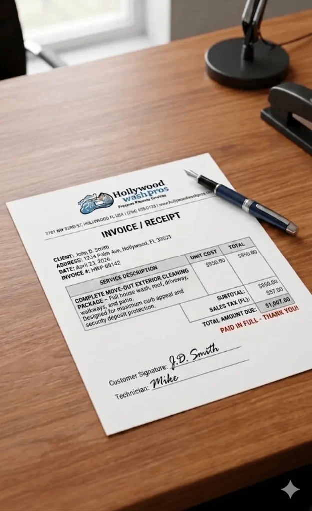 An official Hollywood Wash Pros invoice on a wooden desk itemizing upfront pricing for a full move-out exterior pressure cleaning.