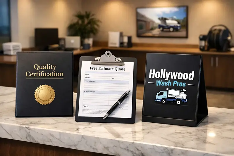 A commercial countertop displaying an official free estimate quote form on a clipboard next to a certification plaque.