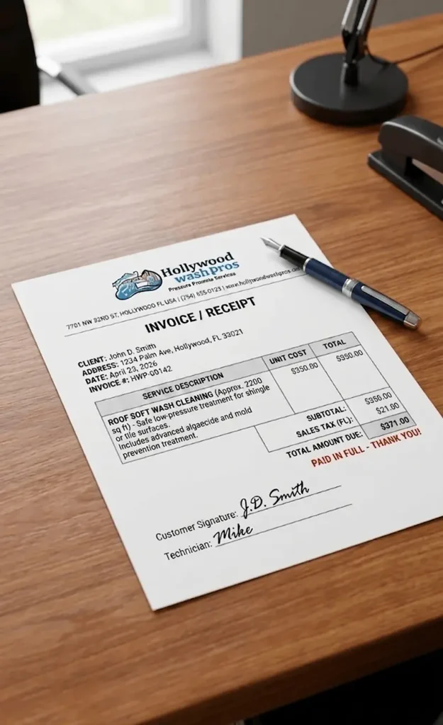 An official Hollywood Wash Pros printed invoice receipt detailing upfront flat-rate pricing for a premium roof soft wash treatment.
