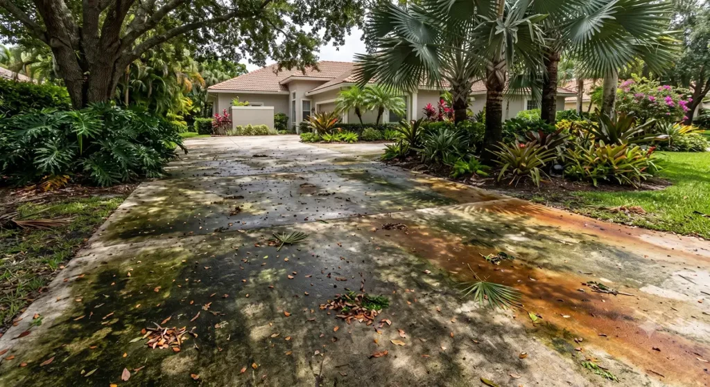 A concrete driveway shaded by trees showing heavy leaf accumulation, green algae growth, and dark organic staining in Hollywood, Florida.