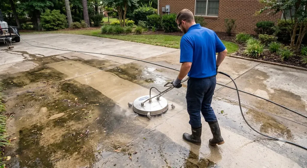 A professional pressure washing technician using a commercial concrete surface cleaner to remove thick grime and mold from a driveway.