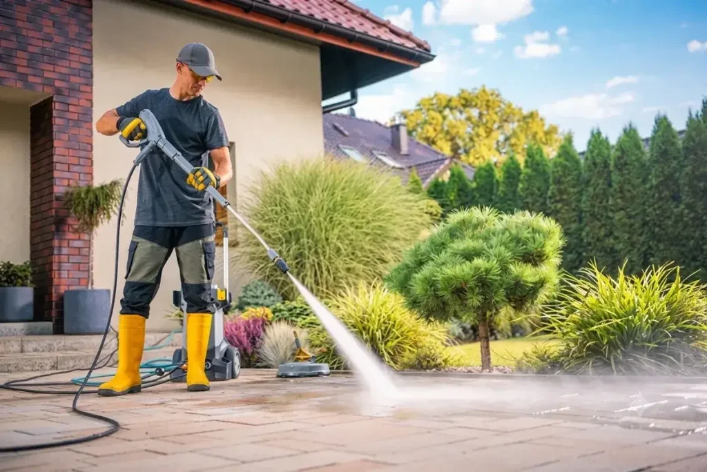 A professional technician using a high-powered pressure washer wand to clean dirty brick pavers outside a home.