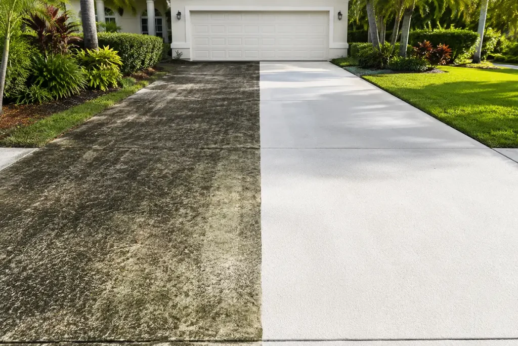A visual split showing a residential driveway half covered in dark South Florida mold and the other half completely bright and clean.